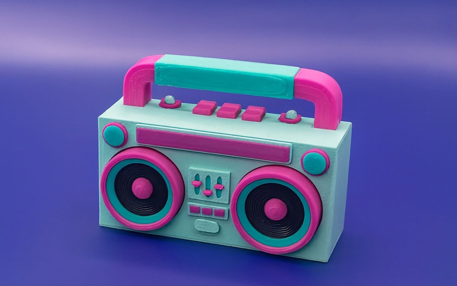 Retro 1980s style 3D printed boombox keyring in mint, pink and teal
